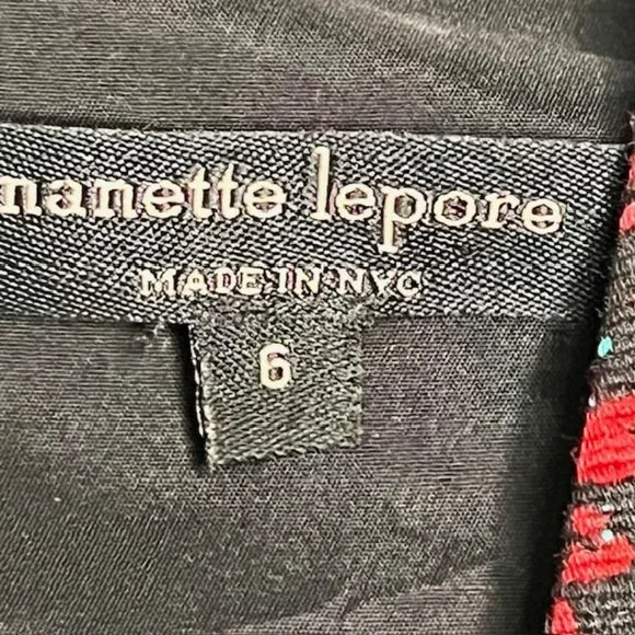 Nanette Lepore Colette Fit/Flare Dress Cotton/Silk/Leather - Black/Red/Aqua - 6 - Picture 11 of 11